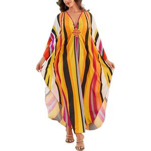 Women Yellow Multi Colors Sleeve Kaftan Flowy Lightweight loungewear Caftan Maxi